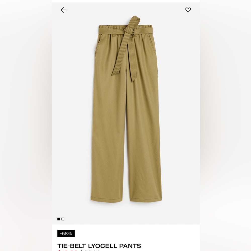 H&M High-rise Lyocell Tie-belt Loose Fit Pull-On Pants Khaki Green Size 6 NWT